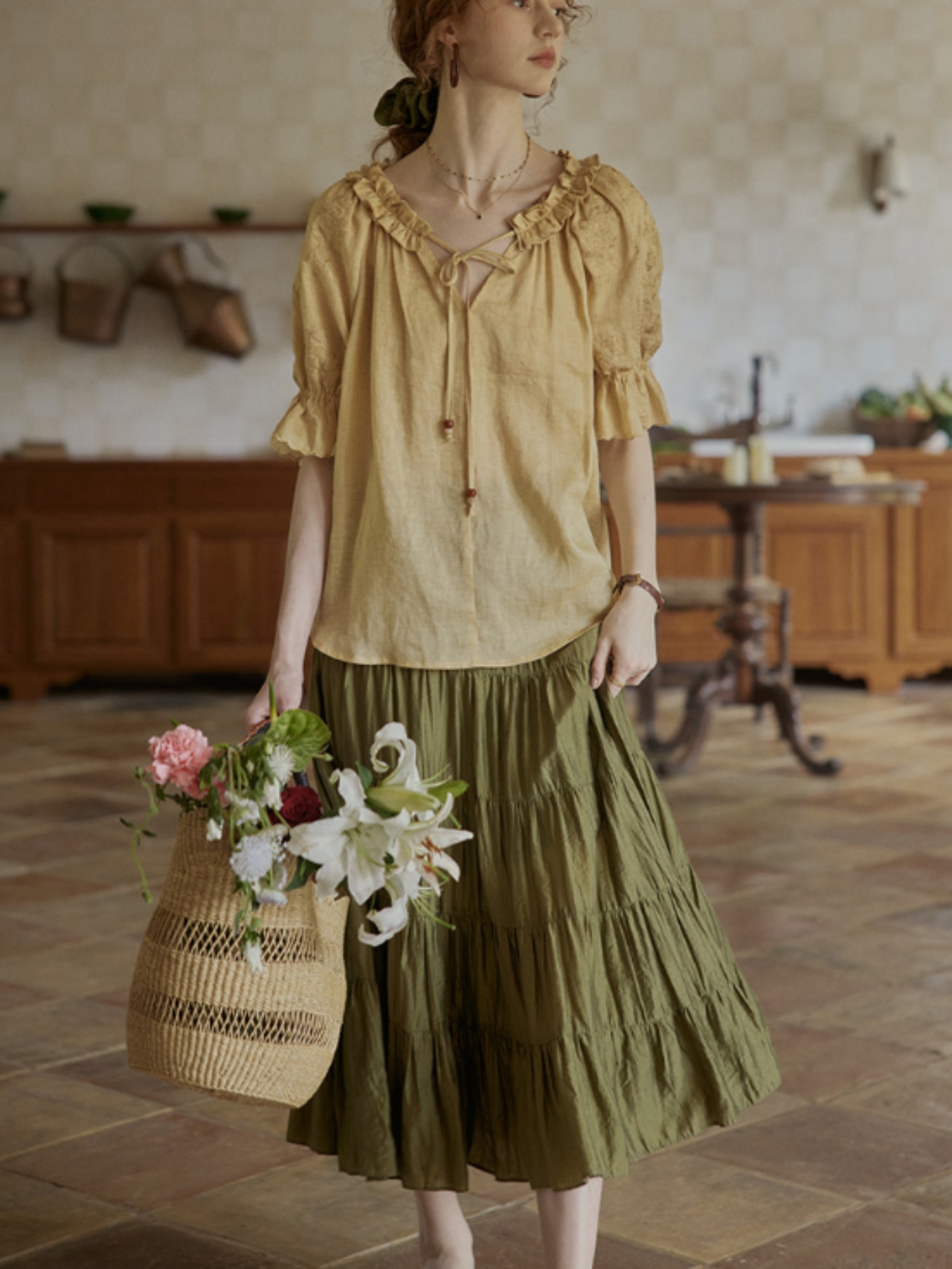 Antique Olive Tiered Skirt F0713