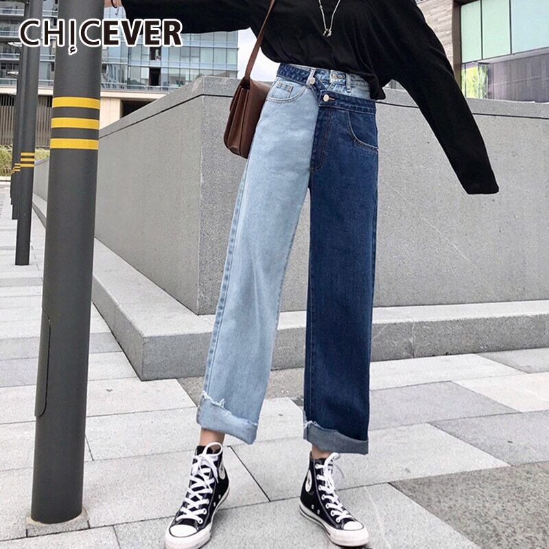 CHICEVERパッチワークジーンズレディースウエストヒットカラーストレートアンクル丈パンツポケットストリートウェアルーズパンツ2020 6base588282126527