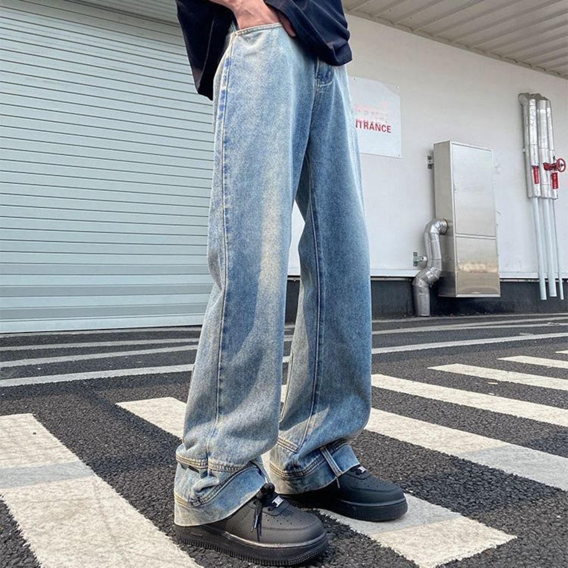 リバース デニムパンツ ブルー ジーンズ ウォッシュ加工 ストレート