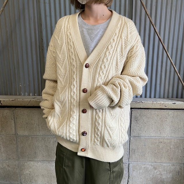 80年代 USA製 BRITISH WOOL LOAD JEFF ケーブルニットカーディガン 