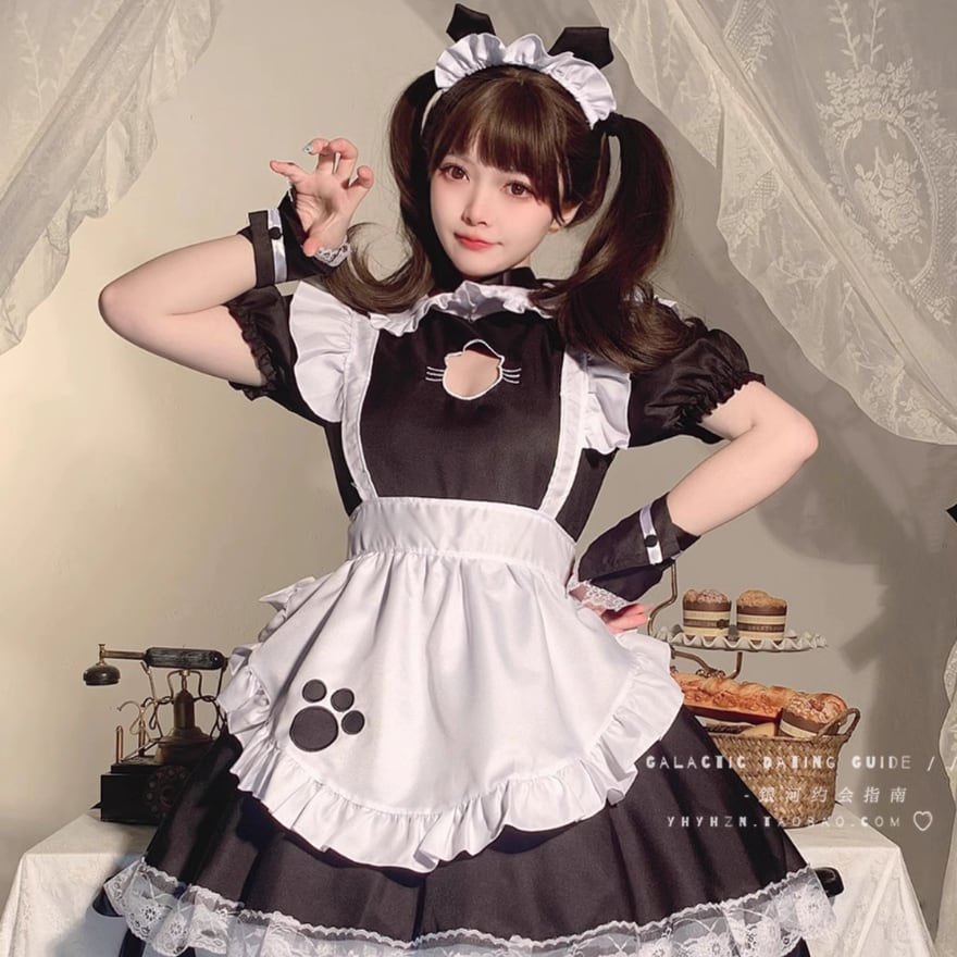 With U ゴスロリ系 ゴシック ロリィタ メイド服 5点セット ワンピ エプロン ヘッドドレス ネックウェア ブレスレット コスプレ イベント  メイドカフェ ロマンティック ゆめかわ 甘め ゴスロリファッション With U