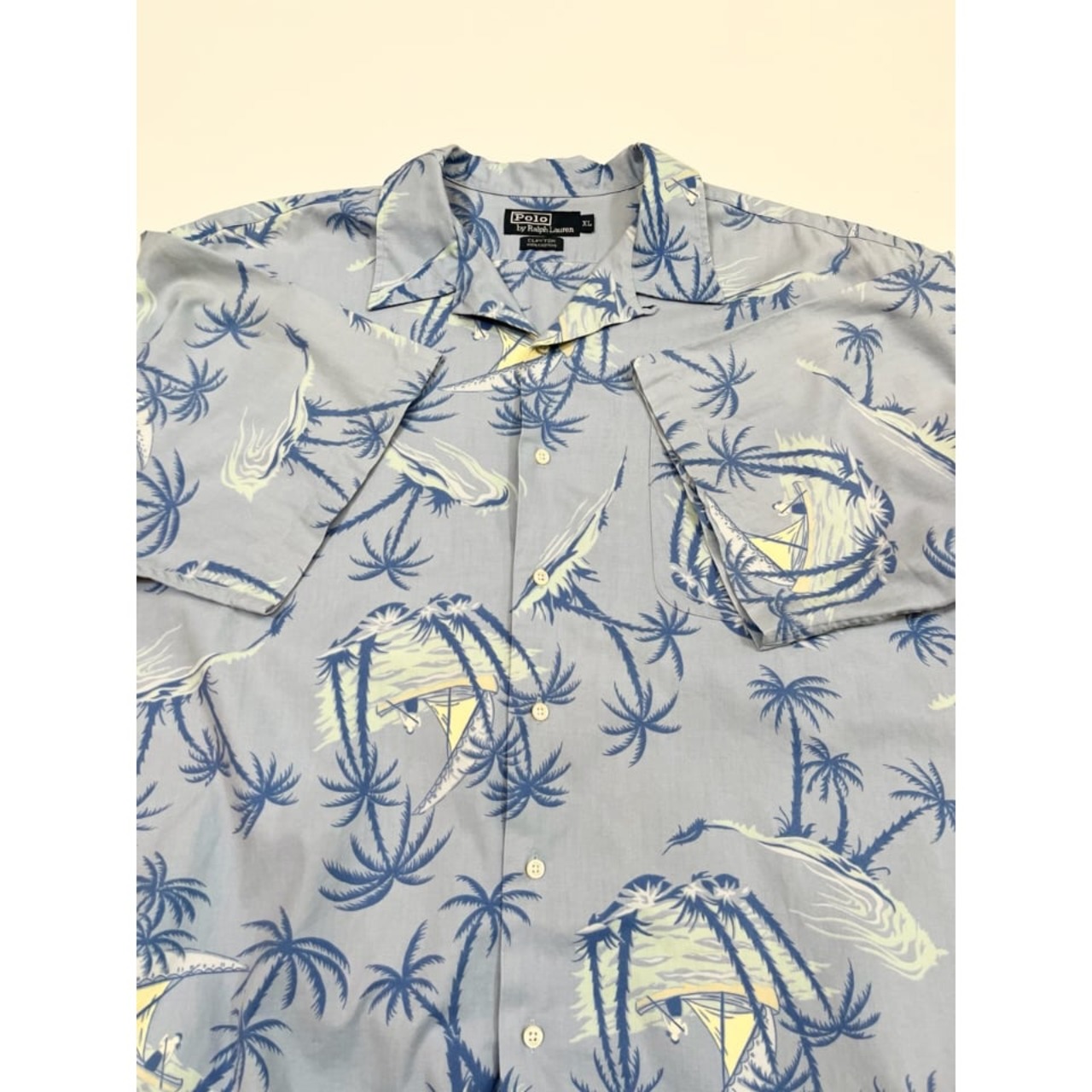 90s Ralph Lauren "CLAYTON" S/S OPEN COLLAR SHIRT Size XL