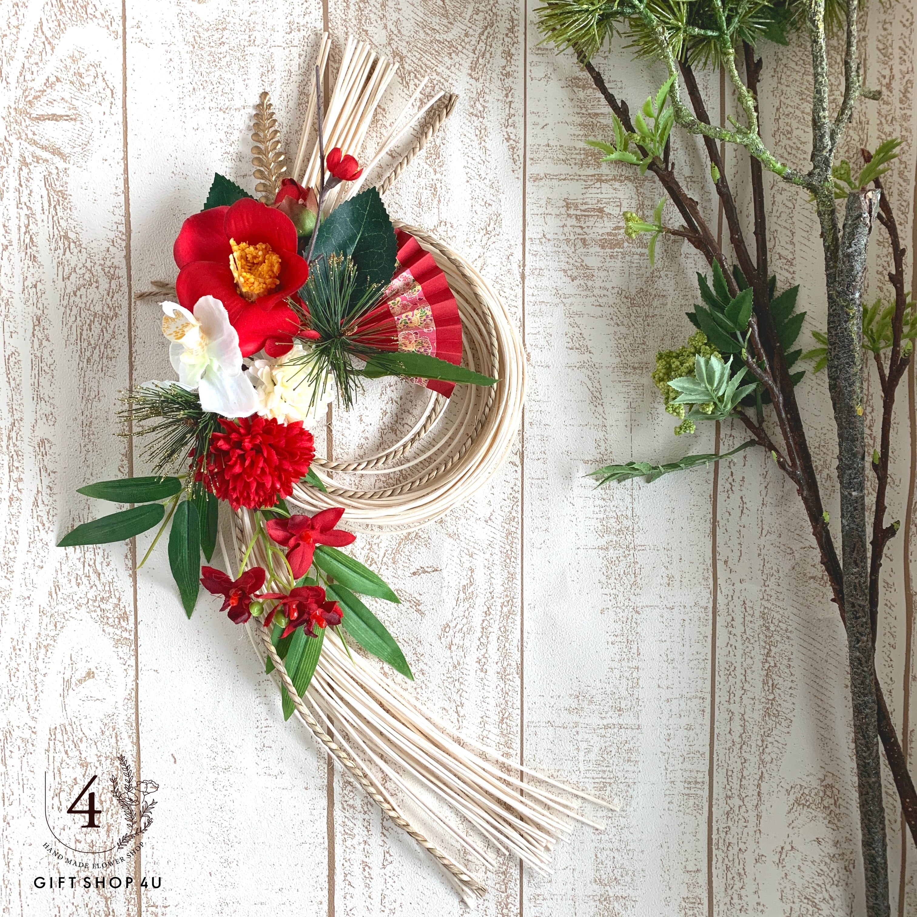 お正月】お正月お飾り 高さ50cm 迎春正月飾り 椿（ホワイト＆レッド