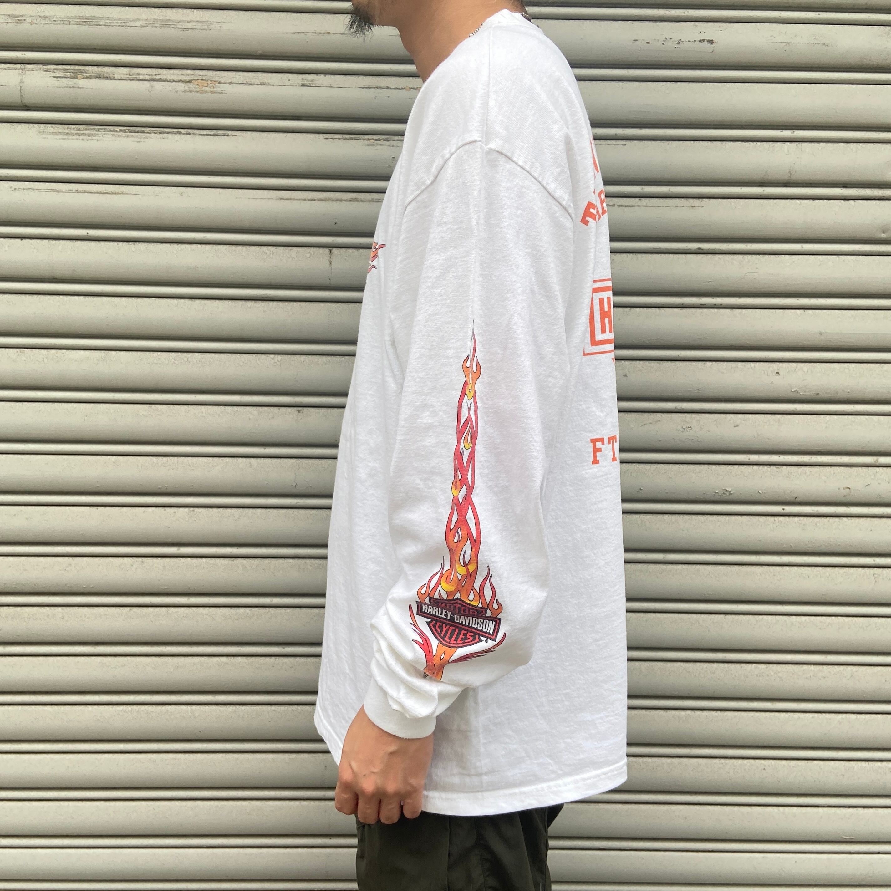 00s ハーレーダビッドソン プリントロンT フレイムパターン 白 XL相当
