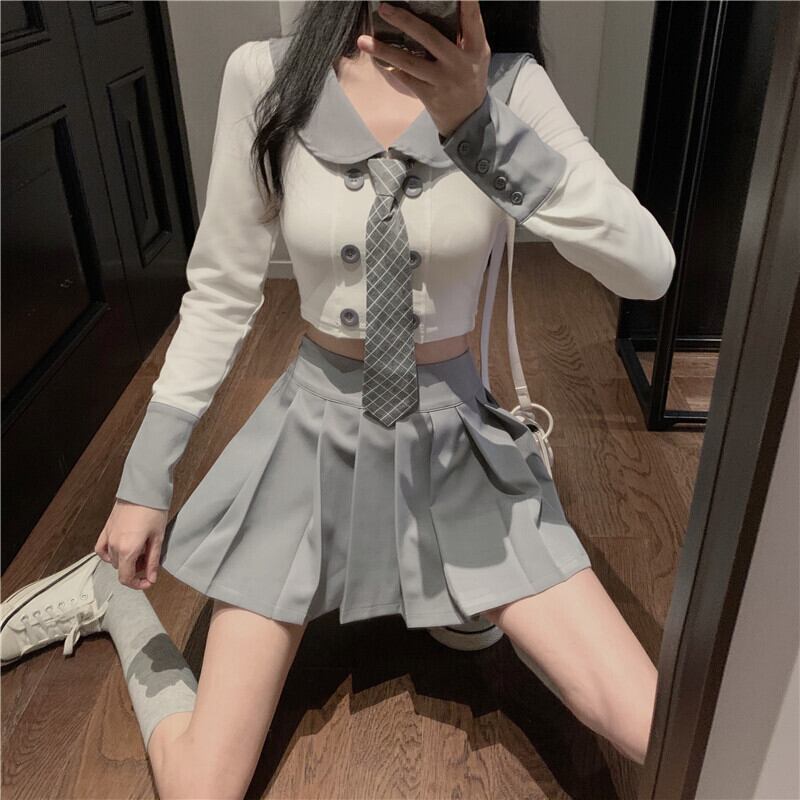 ネクタイライトおなじみのカレッジスタイルのJKプリーツスカートスーツ秋のトップ2020新しい気質の女神ファンツーピーススーツ ブラックストロベリース42883549906