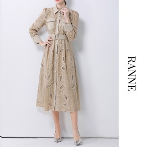 Beige Lace Shirt Dress　a0109