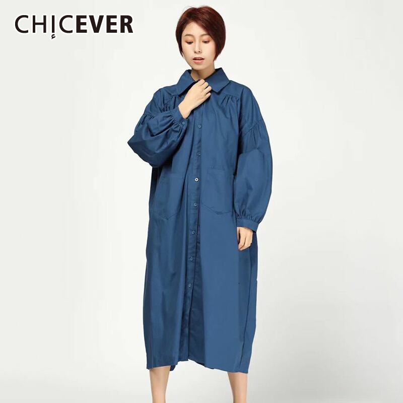 CHICEVERレディースドレスラペルカラーランタンスリーブロングルーズオーバーサイズミディドレス洋服2020 6base587274342247