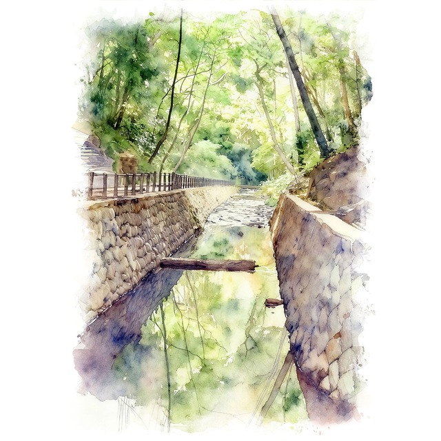 絵画(風景画) 日本 東京都 新緑の等々力渓谷公園 インテリアアート額付き 水彩画・油絵調 WAT1206