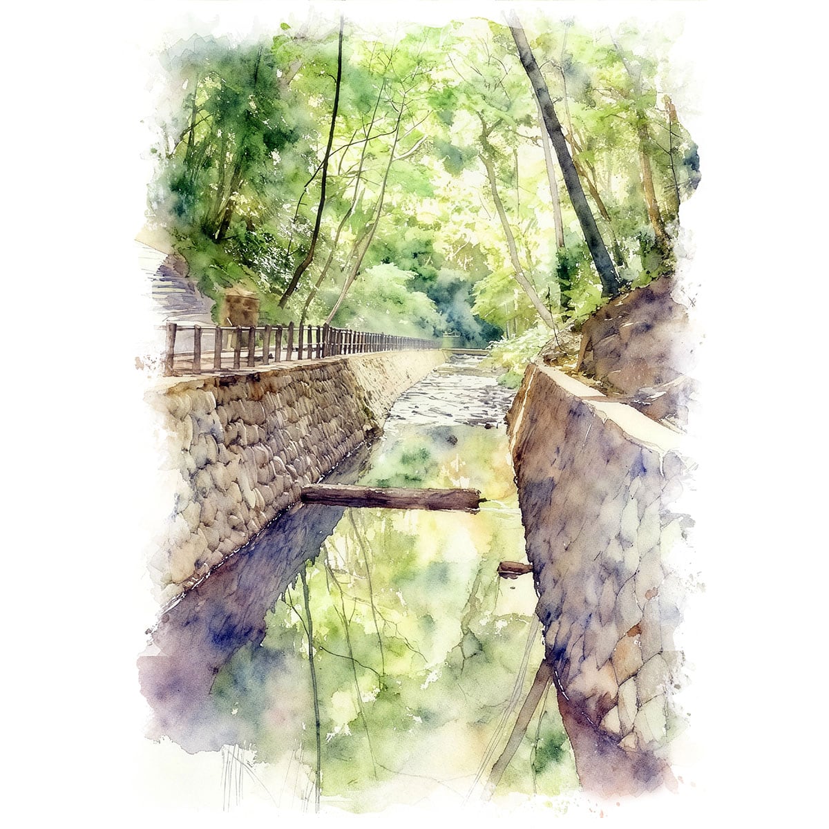 絵画(風景画) 日本 東京都 新緑の等々力渓谷公園 インテリアアート額付き 水彩画・油絵調 WAT1206