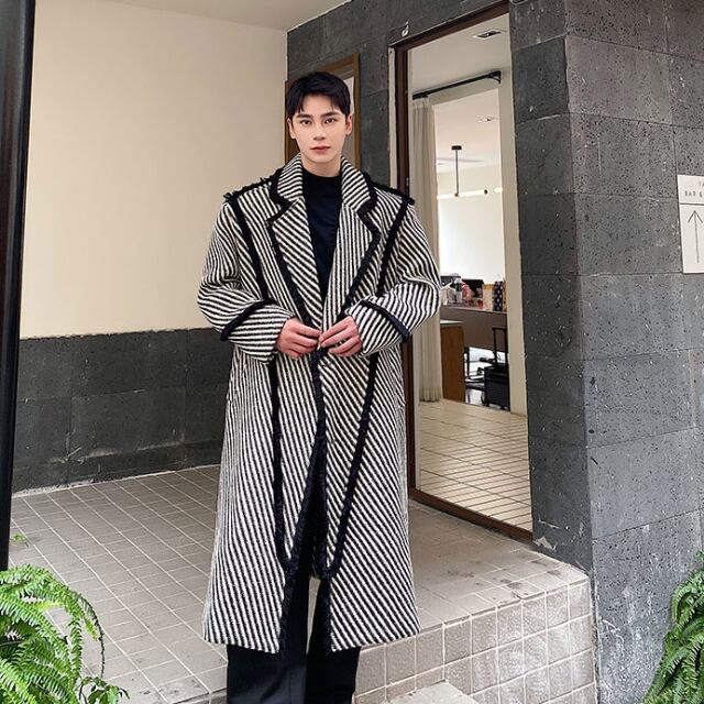 予約販売】ロングコート オーバーサイズ ブラック 黒 ストライプ柄