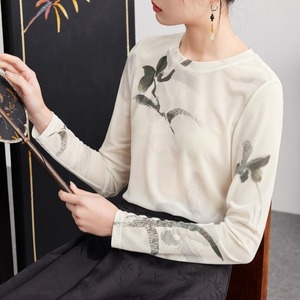 水墨画風プリント　チャイナテイスト長袖トップス　YS00145