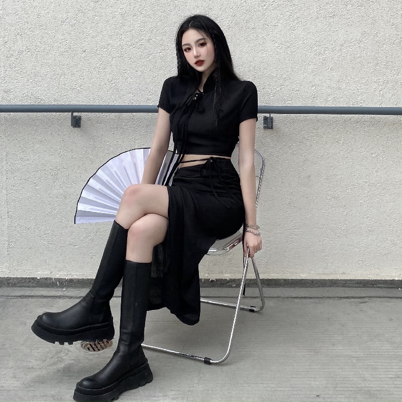 ダークスリムショートレース半袖スリーブトップス スリットハイウェストウェストスカート ハーフスリーブ ケッペル17853043085