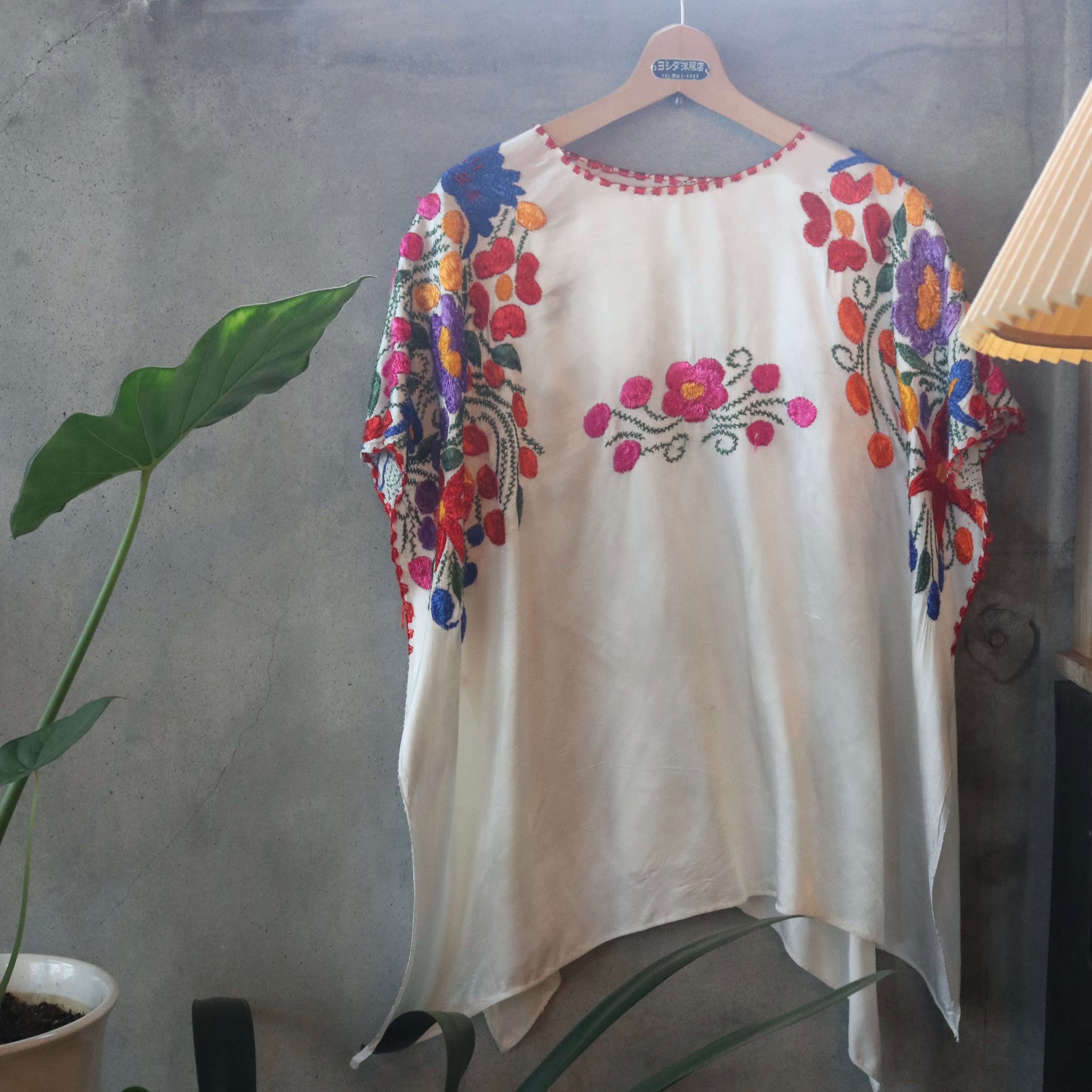 Floral Embroidered Huipil Style Poncho Blouse / Mexico Style Folk Embroidery