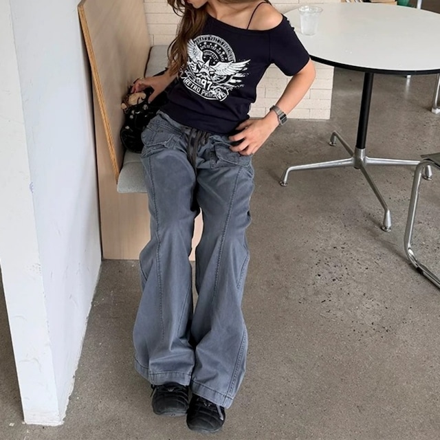 ワンショルダーレトロエンブレムグラフィックTシャツ 2col R02446