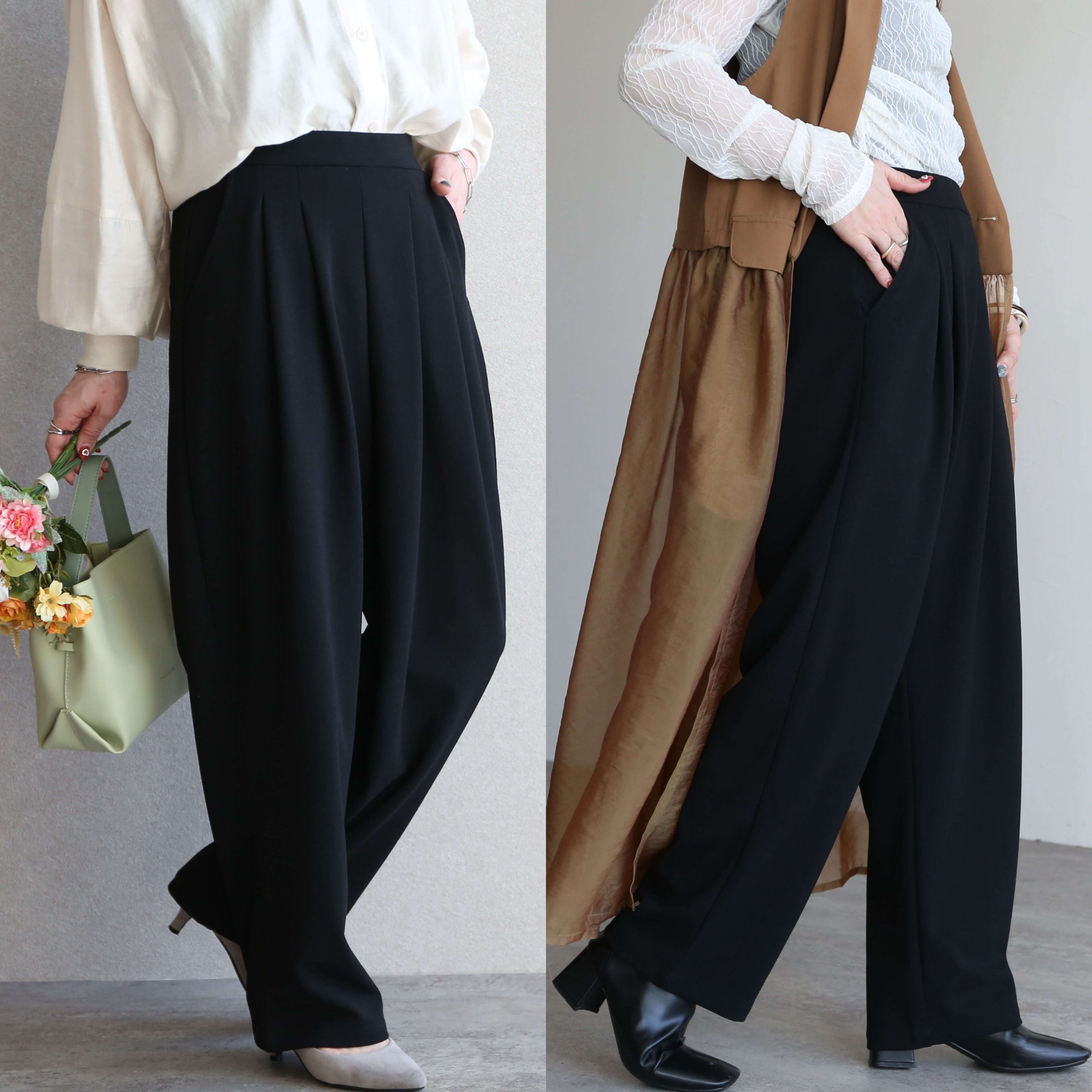 全骨格◎/体型拾わず美脚見え】カットジョーゼットタックパンツ【y1106