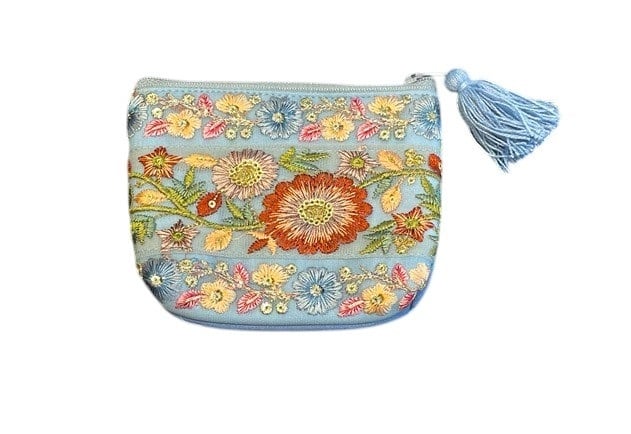 インド刺繍リボン・ ティッシュケース付ポーチ(グレイッシュブルー・ミントグリーン・ベーjジュ)