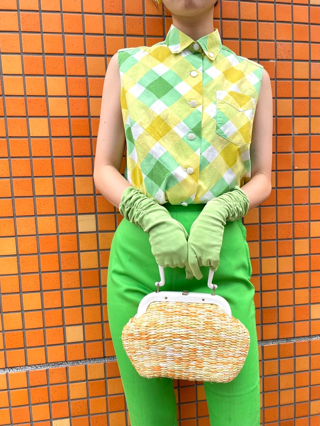 VINTAGE 50's green check cotton blouse