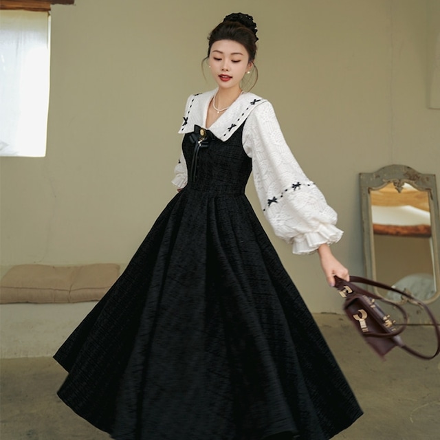 大人・初心者向け クラシカルロリィタ 黒ジャンパースカート 上品フレアシルエット