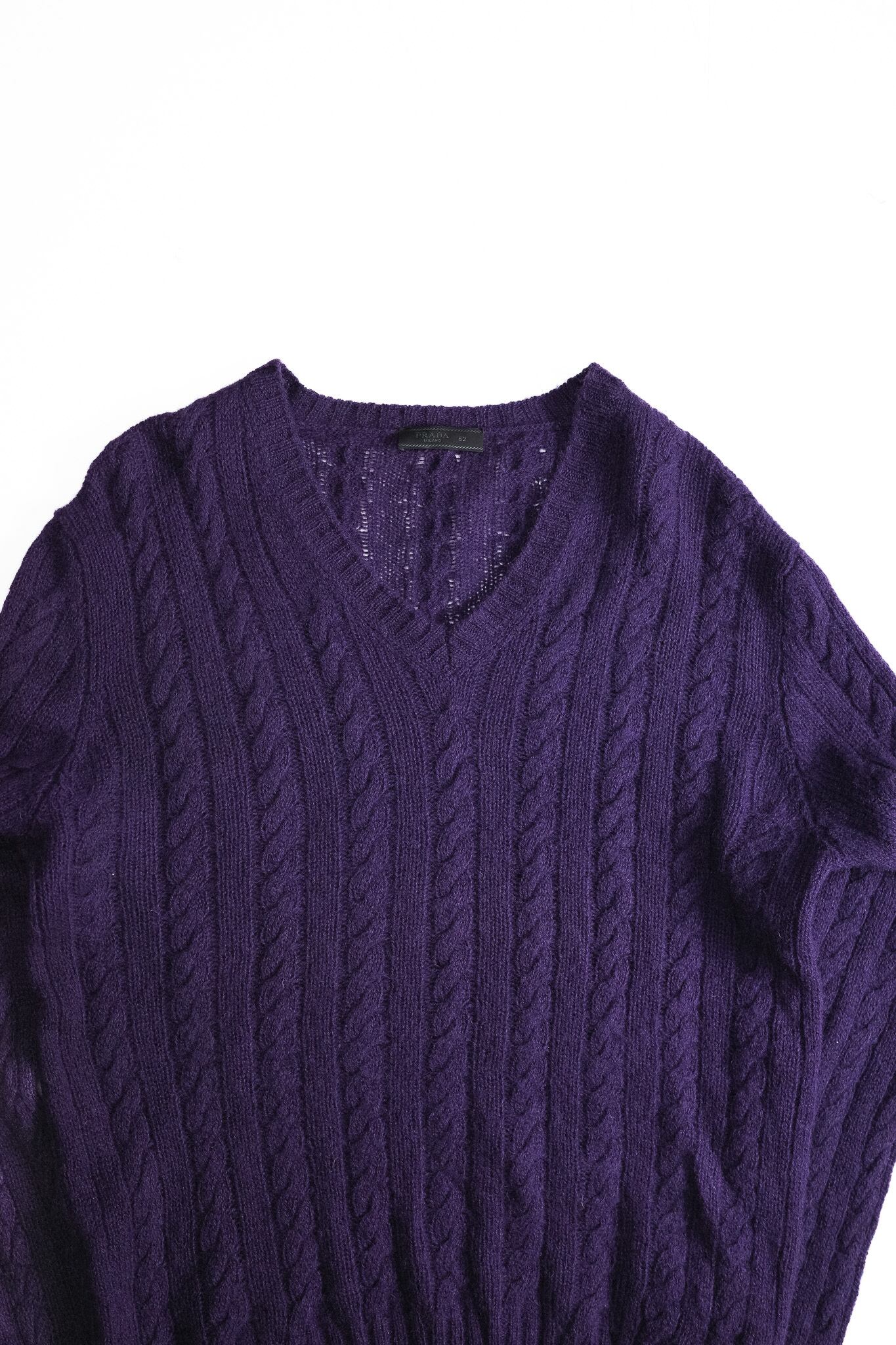 2009AW］ “PRADA” Deep Purple Virgin Wool Cable Knit Sweater