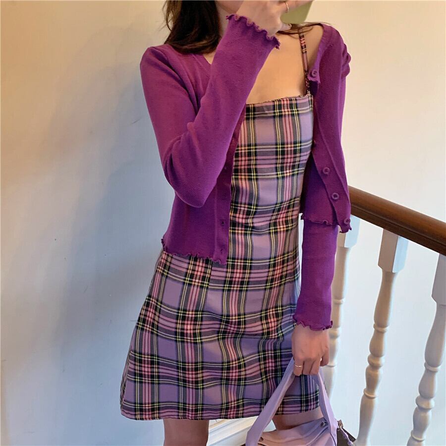 スプリング格子柄スリムスカート カラーニットカーディガン 春物 ピュア パープル ドラファッションホール91047675788