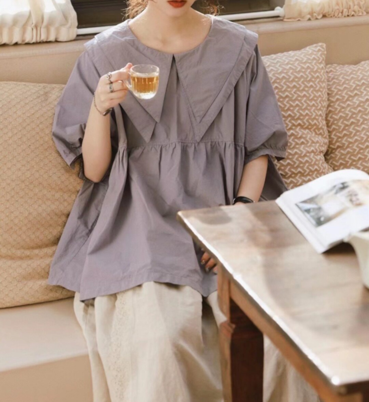 セーラーカラー コットンギャザーブラウス