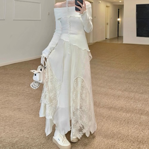 【2点セット】アシメオフショルトップス＋イレヘムレースマキシスカート ・75891