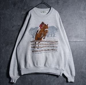 90s “ORVIS” Gray Horse Riding Print Design Sweat