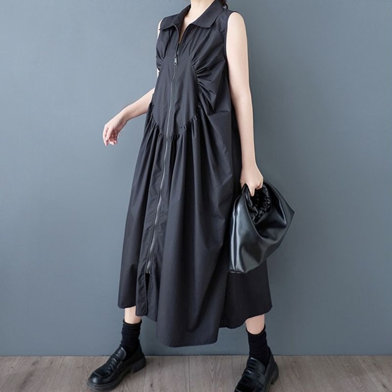 フロントジップ ギャザー ワンピース 30154