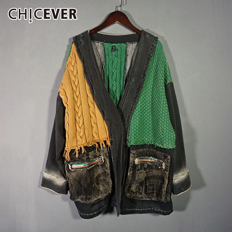 CHICEVERパッチワークレディースコートVネック長袖ヒットカラールーズヴィンテージニットデニムオーバーサイズコートスタイル ロング ビンテージ 6base534929820237