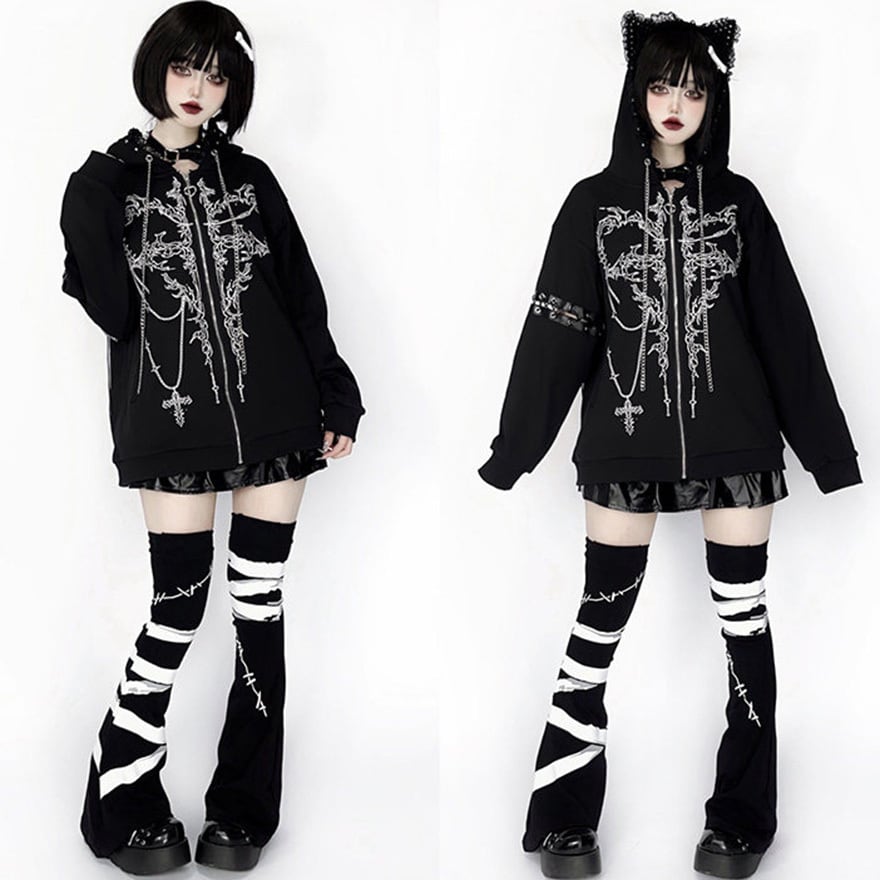 サブカル系包帯プリントと血痕デザインのフレアレッグウォーマー|天使と悪魔