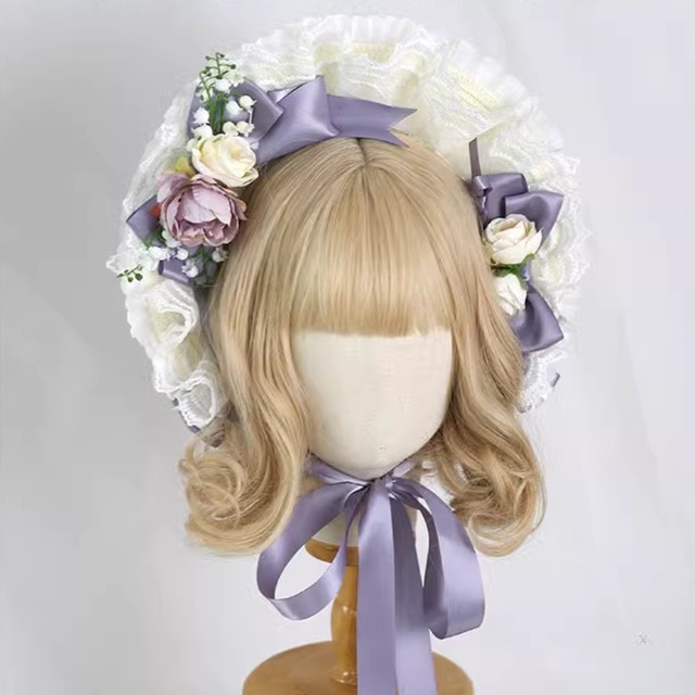 新品 ZJ Story クラシカル刺繍リボンボンネット ロリィタ アイボリー ボンネット コットン 薔薇 リボン フリル レトロ クラシカル ロリータ