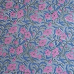 ブロックプリント生地【50cm単位】インド綿 花柄 スモークブルー×ピンク #53118-BL1