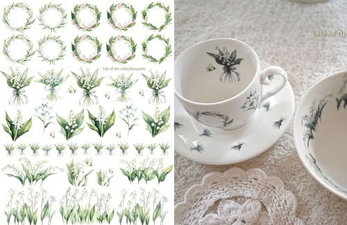 白磁用水彩水彩Lily of the valleyBouquets　すずらんブーケ転写紙　A4サイズ　（ポーセリンアート用転写紙）