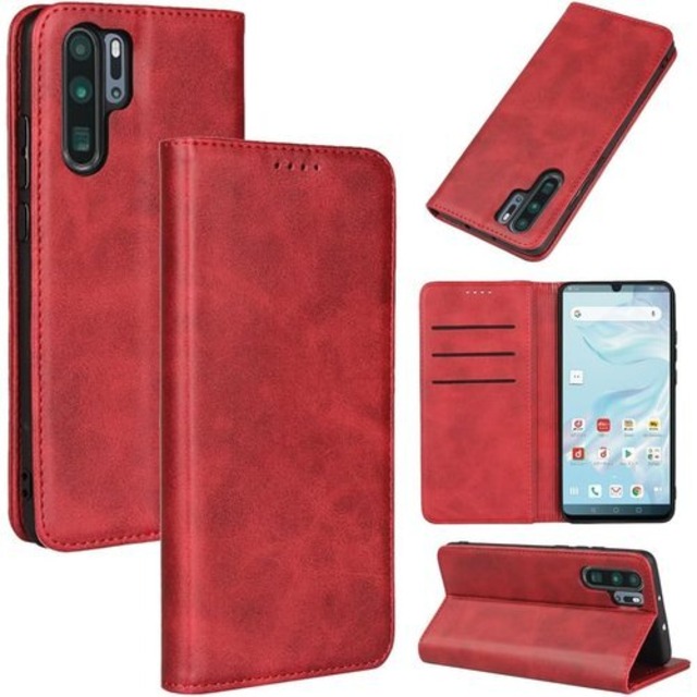 huawei p30 pro hw-02l ケース 手帳型 hw02l カバー ファーウェイp30pro ケース 手帳型 huawei スマホケース p30 pro ハーウェイp30プロ ケース 手帳型カードスロット、キックスタンド レザー レッド 2637