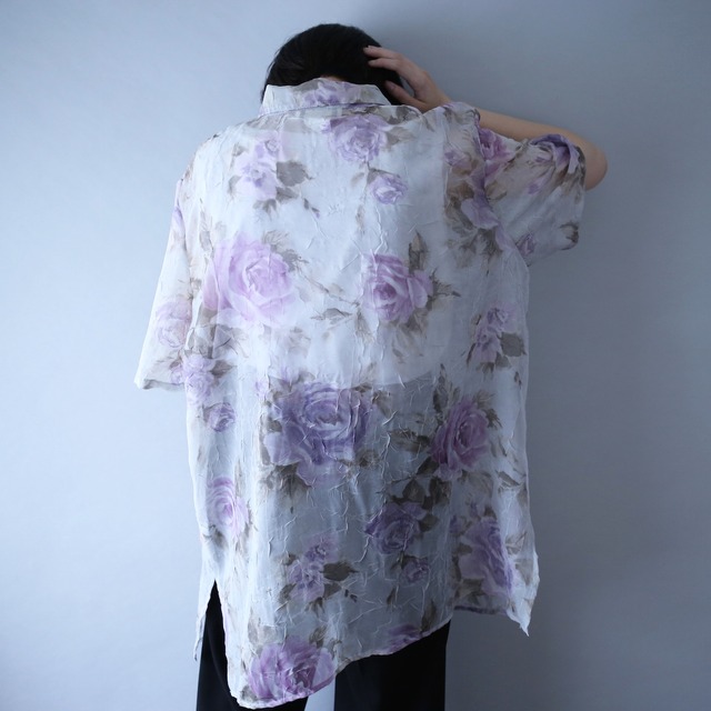 flower art pattern wrinkle fabric h/s see-through shirt