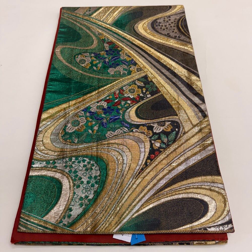 中古 振袖用帯 正絹 草花 六通柄 グリーン Bランク 436cm 6235