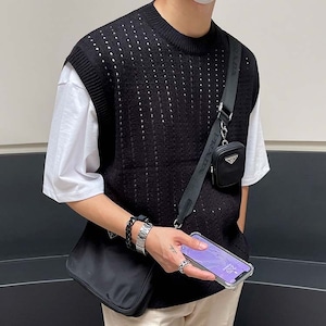 【韓国メンズファッション】透かし編みニットベスト きれいめカジュアル ベーシック シンプル BW2166