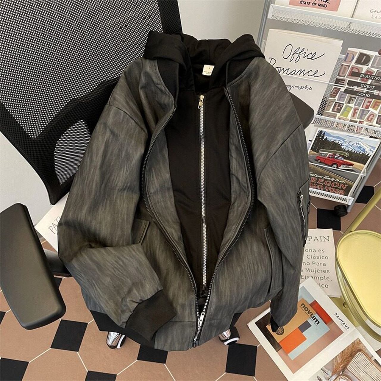 Two-piece jacket in a hooded, PU leather-look style(MT1719)