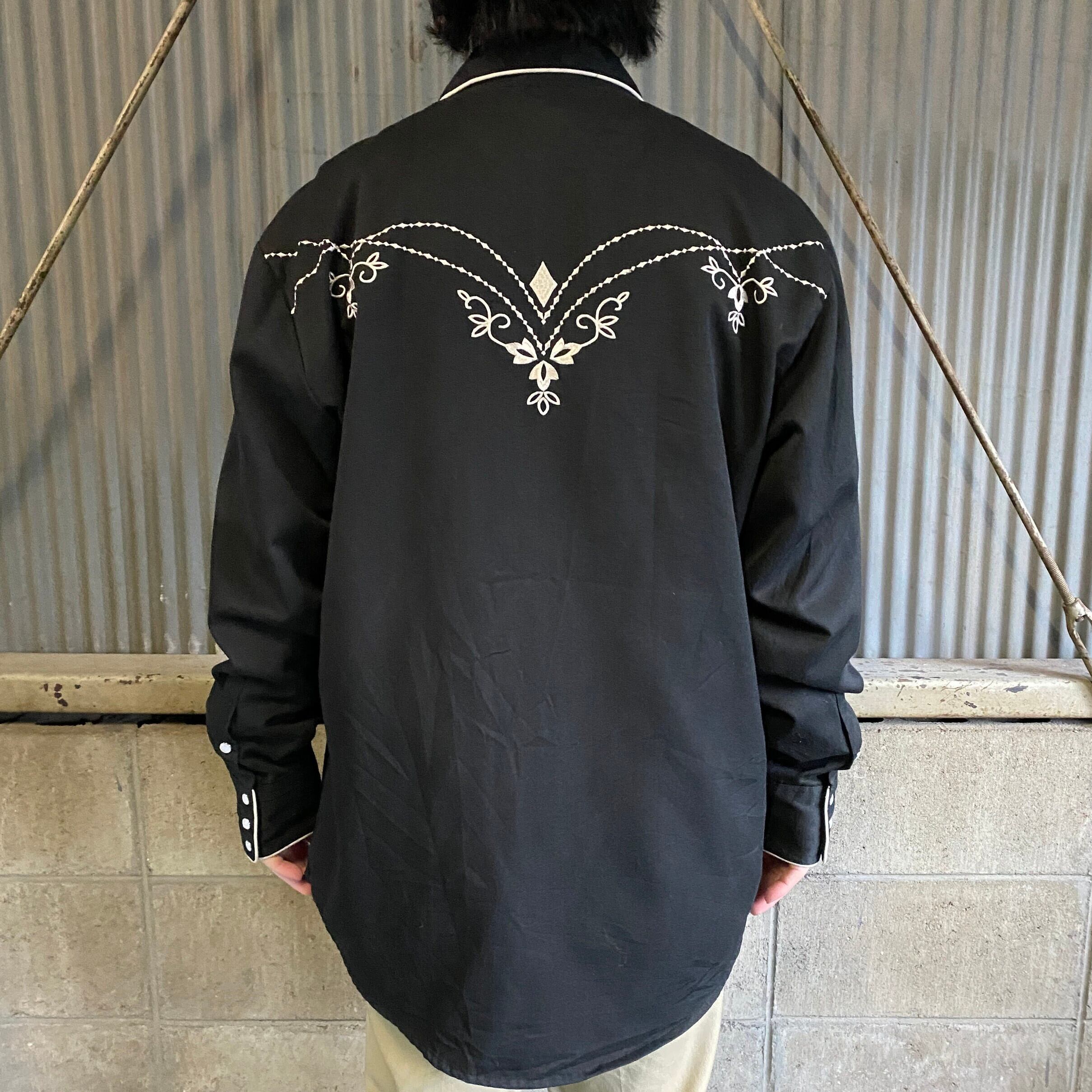 GIBSON 長袖 花柄 刺繍 ウエスタンシャツ メンズL 古着 ブラック 黒