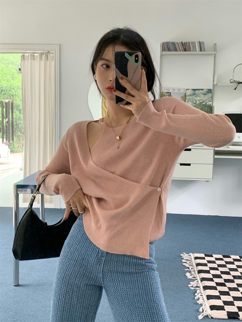 ブラックセーター スプリングオータム薄手スタイルトップス ロング 春物 秋物 試着室24219172889