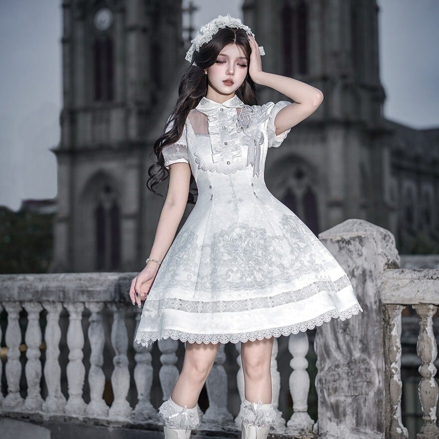 ゴスロリ ホワイト フリル付き ゴシックロリータワンピース ヘッドドレスセット ゴシックロリィタ ワンピース 白×十字架レース 半袖クラシカル｜WithU