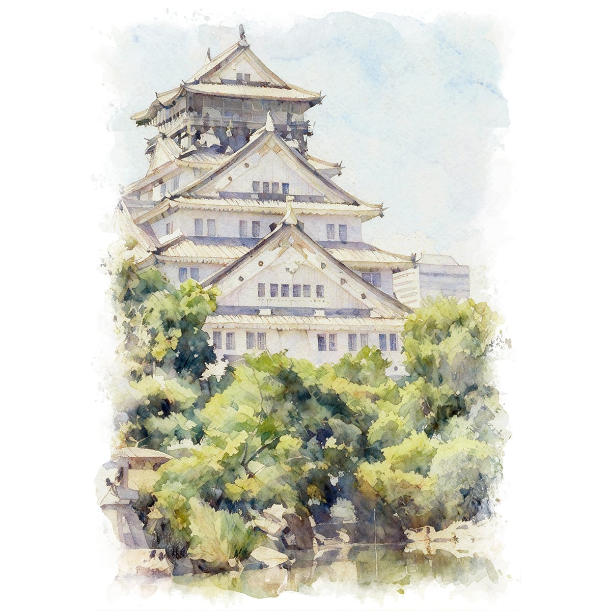 絵画 風景画 日本の城 新緑の大阪城 インテリアアート額付き 水彩画・油絵風 WAT0830