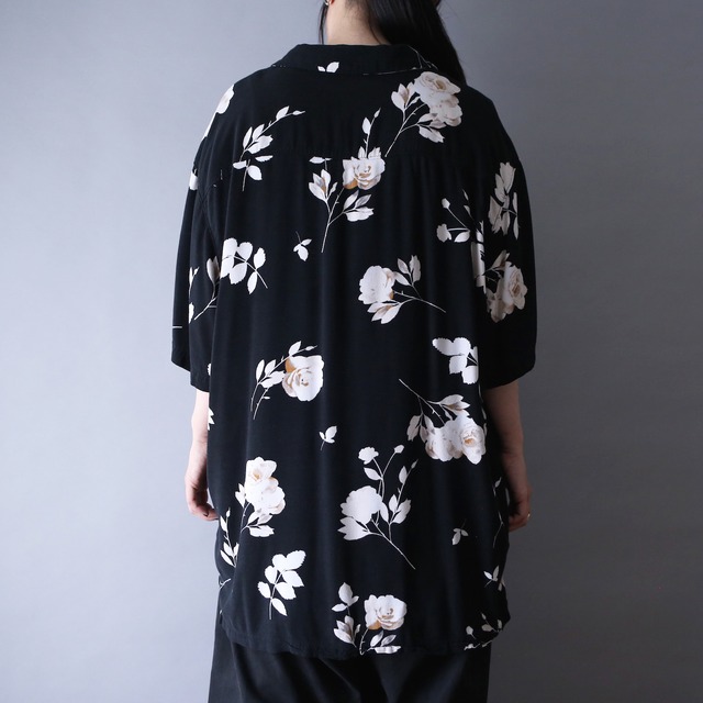 black base flower art pattern over silhouette open-collar l/s shirt