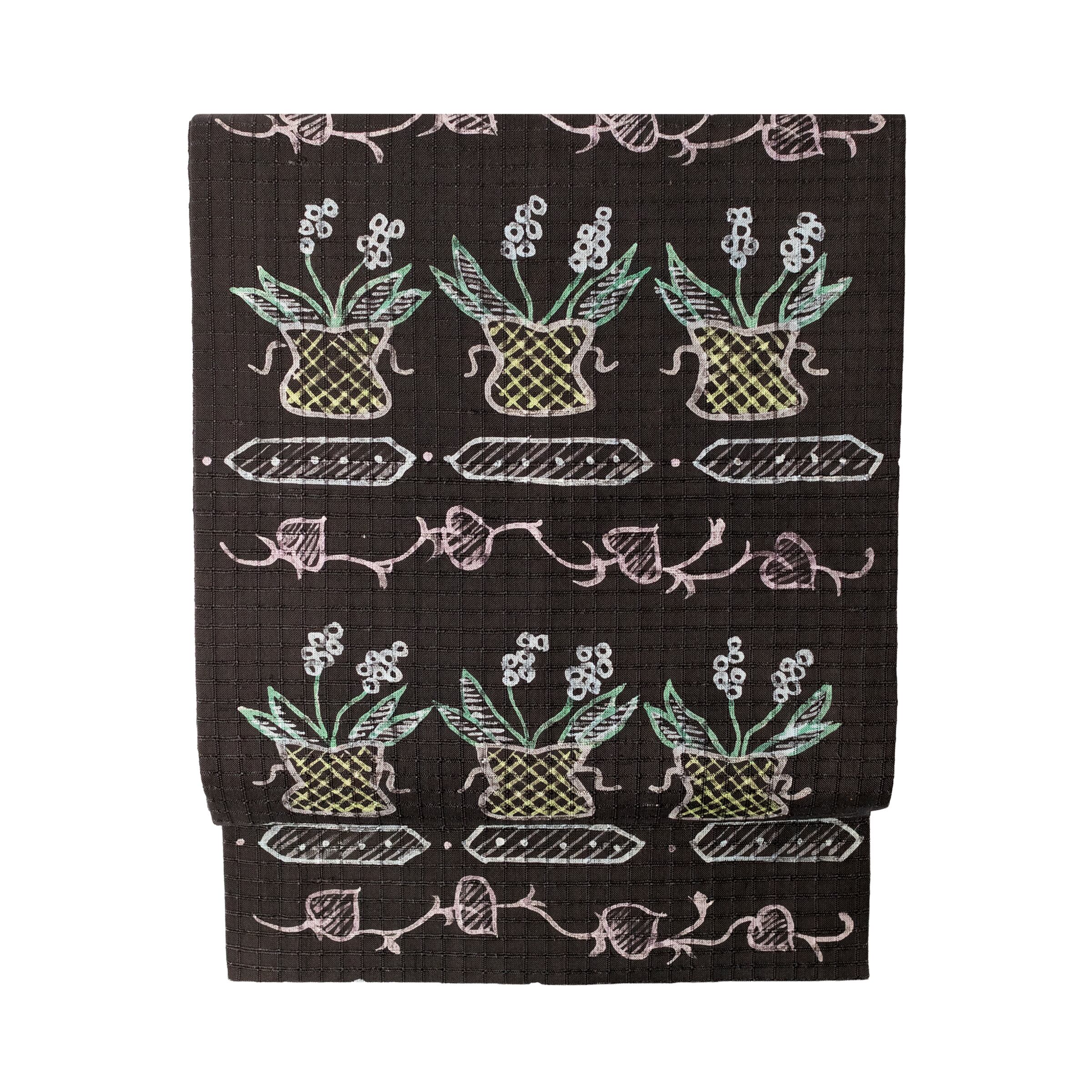 日本工芸会正会員 木原明作 絞り染に松の模様 塩瀬地 名古屋帯【中古品