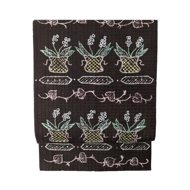 蔦に鈴蘭の模様　型絵染　吉野格子地　名古屋帯【未使用品】