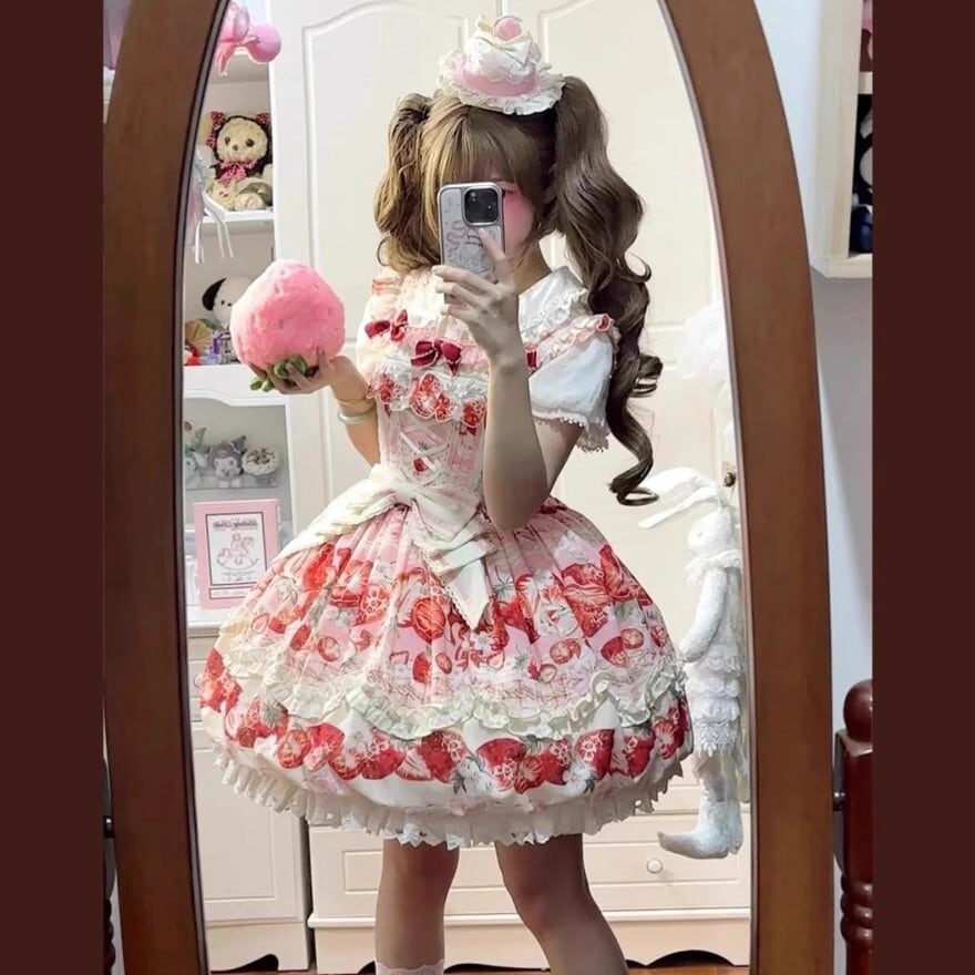 甘ロリ 苺柄フリルワンピース 2丈展開 ピンクお茶会向け | ゴスロリ