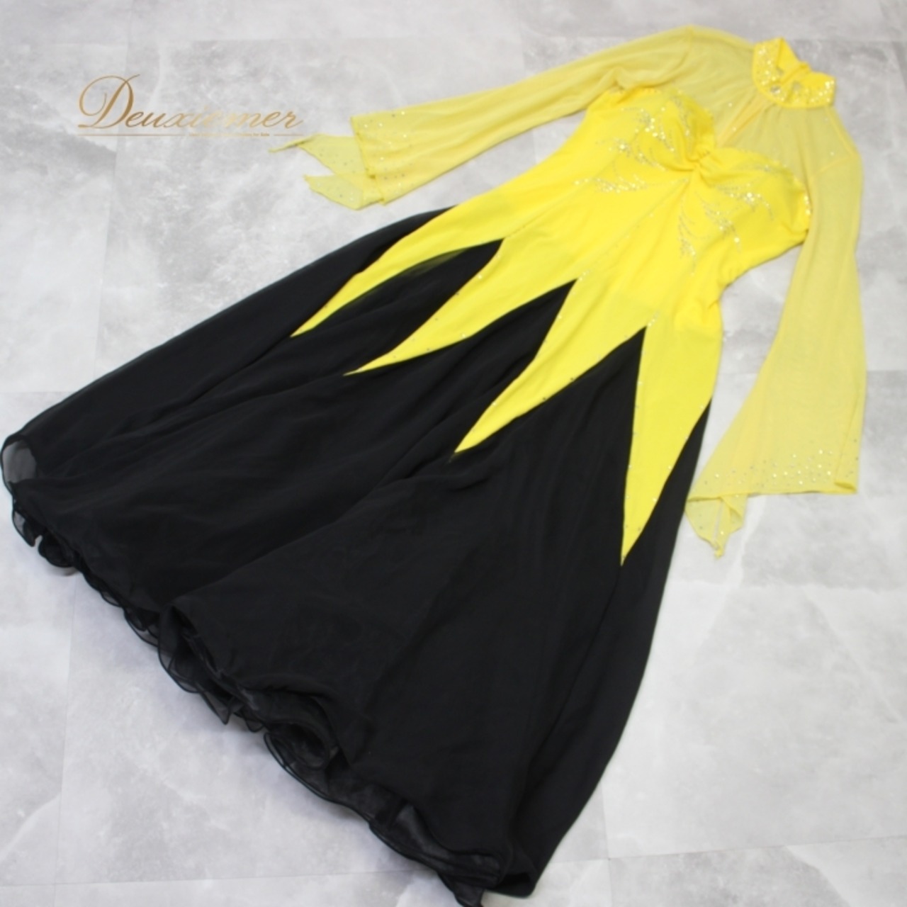 社交ダンス 衣装 スタンダード ドレス ワンピース パーティ衣装 女性用 レディース オールシーズン 黒 黄色 ラインストーン 夢館 Dream Kan ブラック系 イエロー系 バイカラー 美しい 広がり ステージ映え 大人かわいい 二重仕立て 夢館 ブランド