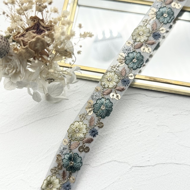 1ロール　エアリースリム　[ブルー]インド刺繍リボン　3018-1R