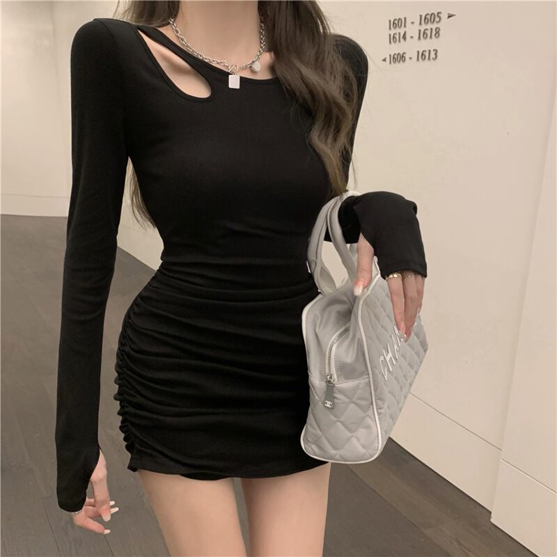 【新作】【送料無料】 セクシーな中空黒長袖ドレス女性のための春と秋 2022 新しいホットガールタイトプリーツボトムヒップスカート 0280543054999