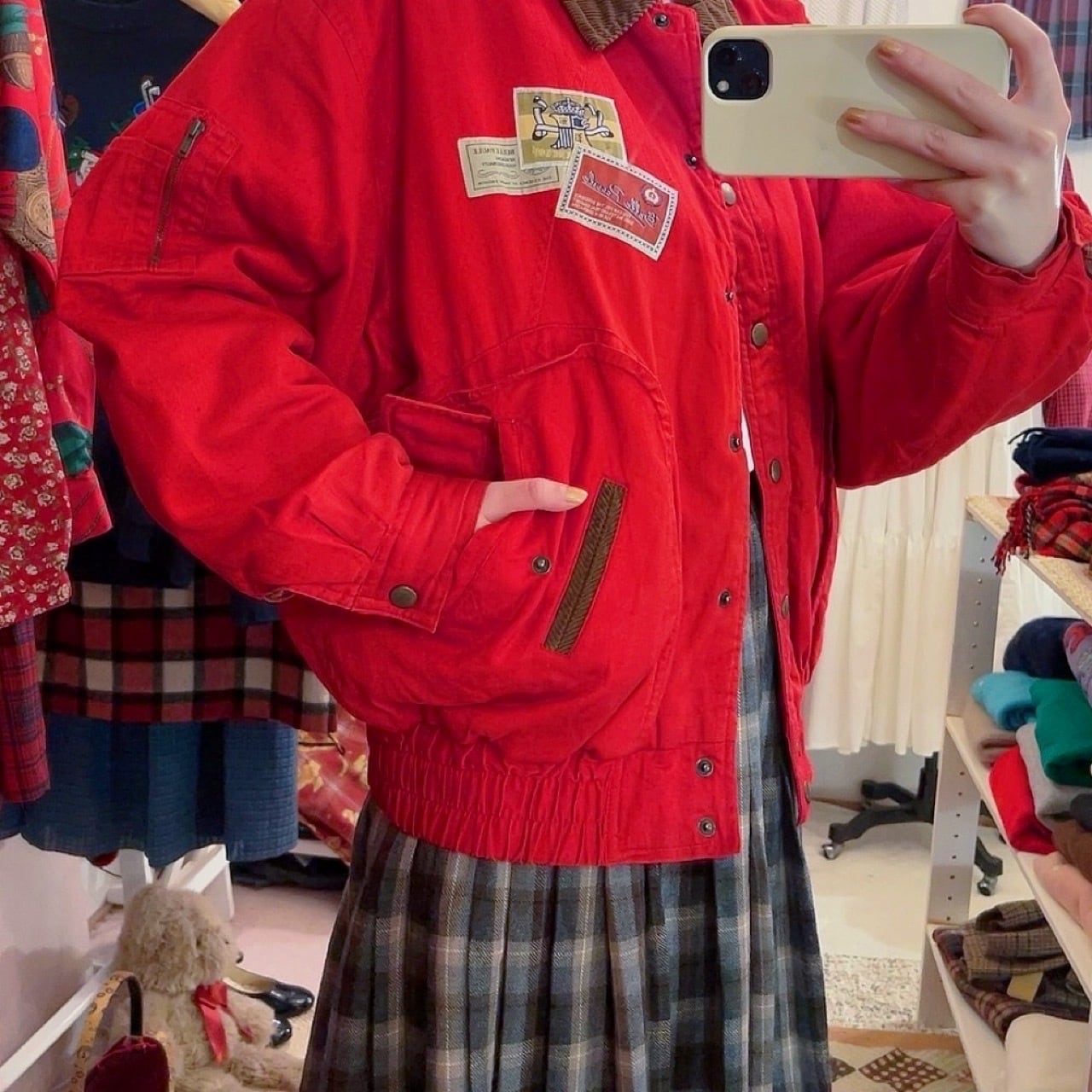 corduroy collar check liner red blouson